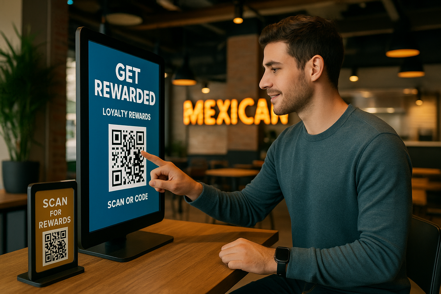 Restaurante mexicano moderno con cliente usando pantalla digital y QR para recompensas.