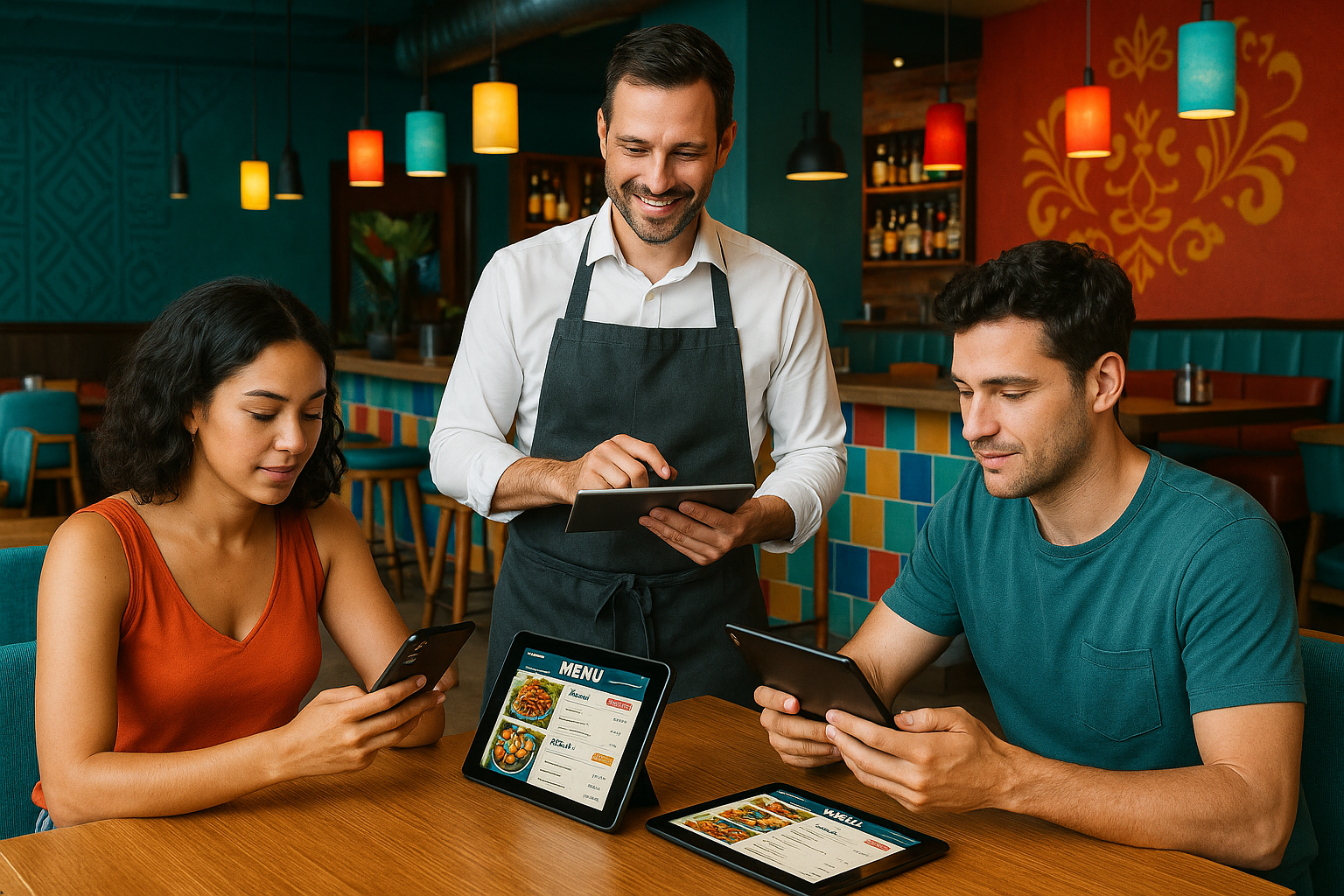 Restaurante mexicano contemporáneo, gerente organizando campañas digitales, clientes usando menús digitales en tablets y móviles, ambiente moderno y vibrante.