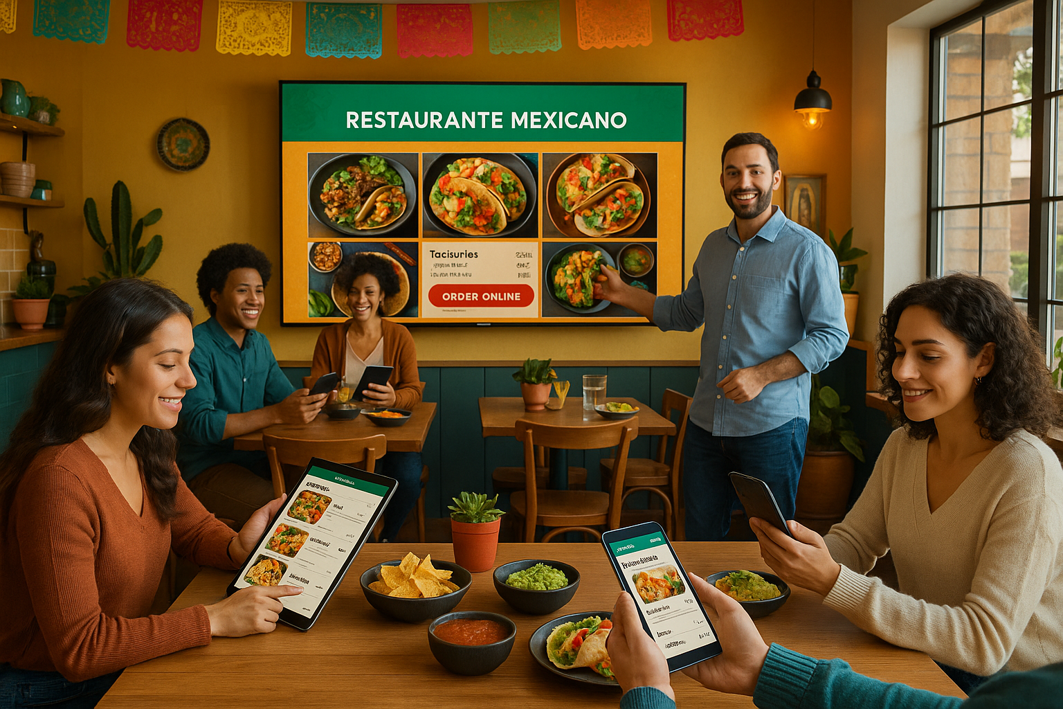 Restaurante mexicano actual, dueño enseña la web en pantalla a clientes felices usando menús digitales, ambiente moderno.