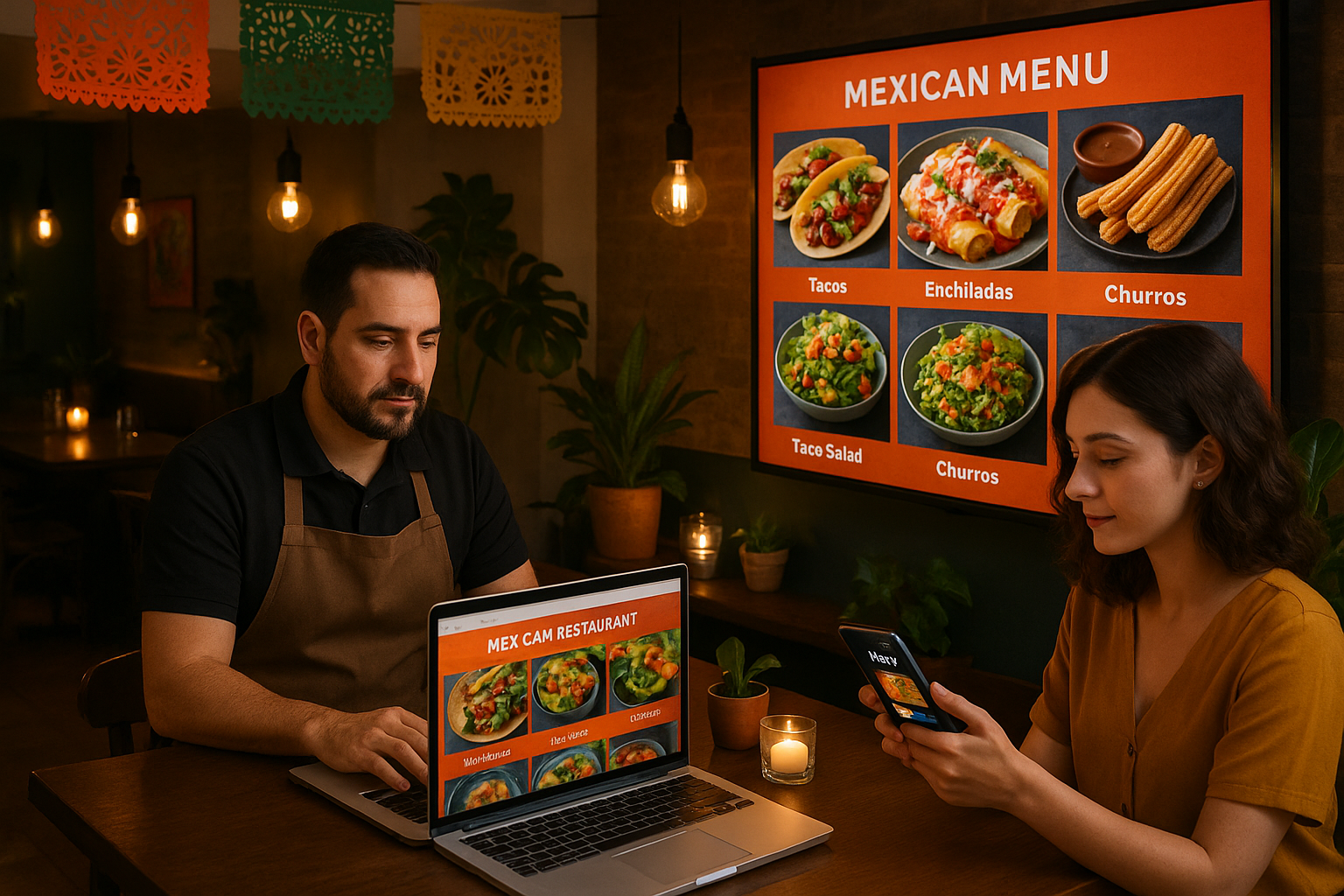 Dueño de restaurante mexicano revisando el diseño de su web en laptop, clienta viendo menú digital en smartphone, ambiente moderno y cálido con elementos digitales y platillos destacados.